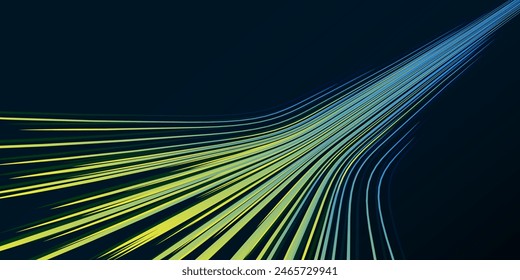 Vector abstract light lines in high speed technology concept. Image of speed on the road. Abstract background in blue and yellow colors with neon glow.