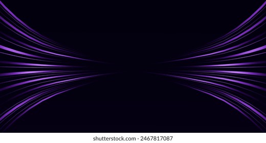 Vector de líneas de luz abstractas en concepto de tecnología de alta velocidad. Imagen de la velocidad en la carretera. Fondo de degradado Abstractas púrpura con brillo de neón.