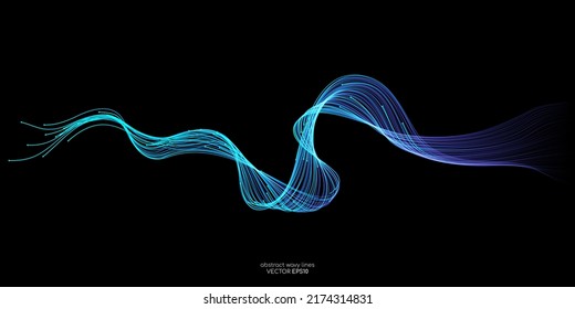 Vector Abstract Light Lines Wavy Flowing Dynamic In Blue Green Light Colors Isolated On Black Background For Concept Of AI Technology, Digital, Communication, 5G, Science, Music