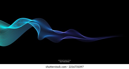 Vector abstract light lines wavy flowing dynamic in blue green colors isolated on black background for concept of AI technology, digital, communication, 5G, science, music