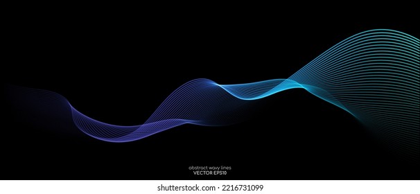 Vector abstract light lines wavy flowing dynamic in blue green colors isolated on black background for concept of AI technology, digital, communication, 5G, science, music