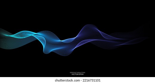 Vector abstract light lines wavy flowing dynamic in blue green colors isolated on black background for concept of AI technology, digital, communication, 5G, science, music