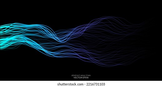 Vector abstract light lines wavy flowing dynamic in blue green colors isolated on black background for concept of AI technology, digital, communication, 5G, science, music