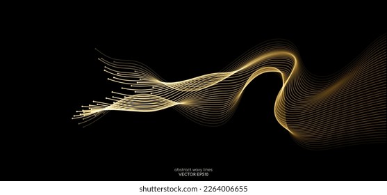 Líneas de luz abstractas vectoriales onduladas dinámicas en colores de gradiente dorado aislados en fondo negro para concepto de lujo, tecnología, energía, eléctrica, digital, 5G, ciencia, música