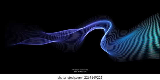 Vector abstract light lines wavy flowing dynamic in blue green purple colors isolated on black background for concept of AI technology, energy, electric, digital, 5G, science, music