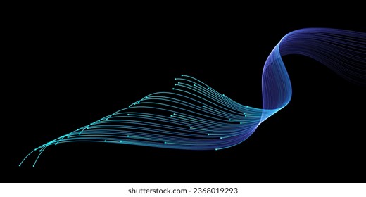 Vector abstract light lines wavy flowing dynamic in blue green colors isolated on black background for concept of AI technology, digital, communication, 5G, science, music