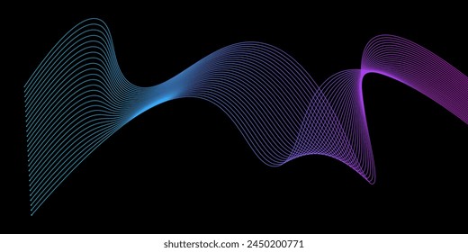 Vector abstract light lines wavy flowing dynamic in blue green purple colors isolated on black background
