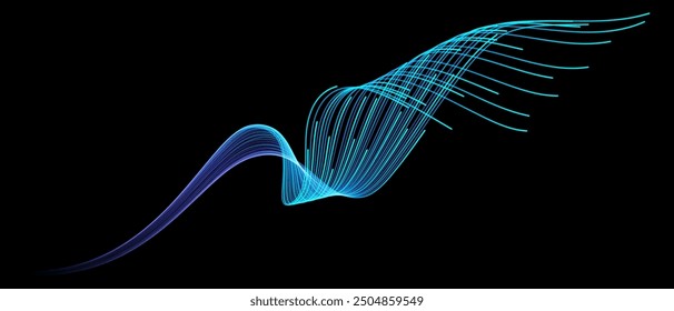 Vector abstract light lines wavy flowing dynamic in blue green colors isolated on black background for concept of AI technology, digital, communication, 5G, science, music