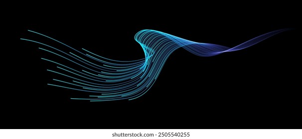 Vector abstract light lines wavy flowing dynamic in blue green colors isolated on black background for concept of AI technology, digital, communication, 5G, science, music