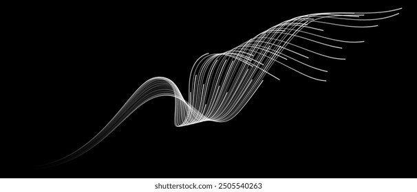 Vector abstract light lines wavy flowing dynamic in white grey gradient isolated on black background for concept of AI technology, digital, communication, 5G, science, music