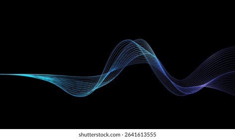 Vector abstract light lines wavy flowing dynamic in blue green colors isolated on black background. Suit for AI technology, digital, communication, website, flyer. Vector illustration	
