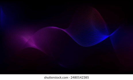 Vector abstract light wave. Blue pink purple neon pattern. Technology curve line background. Soundwave wavelength magnetic squiggle. Neural fabric fiber loop