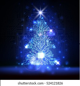 Vector abstract lighting blue technology Christmas tree made of digital electronic circuit board and microchip