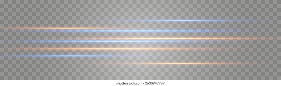 Vector abstract lights lines, laser beams on png. Glowing streaks on dark background. Luminous neon lines isolated on trasparent backgound