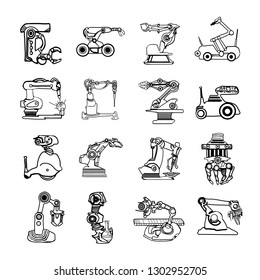 Vector abstract line art robot arm icons set illustrating industrial automation and fantasy machines. Hand drawn.