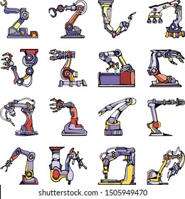 Vector abstract line art robot arm colorful icons set illustrating industrial automation and fantasy machines. Hand drawn.