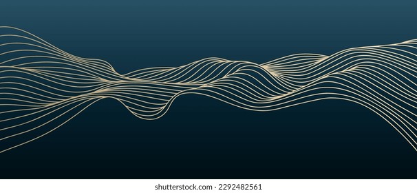 Vector abstract line art wavy smooth flowing dynamic gold gradient isolated dark blue teal background in concept luxury, wave, ocean