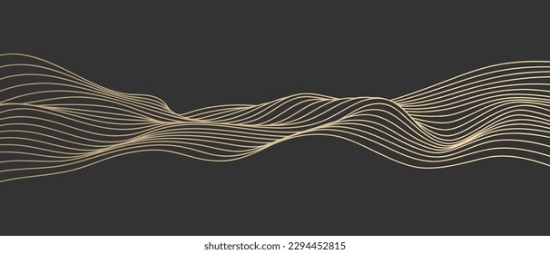 Vector abstract line art wavy smooth flowing dynamic gold gradient isolated black background in concept luxury, wave, ocean