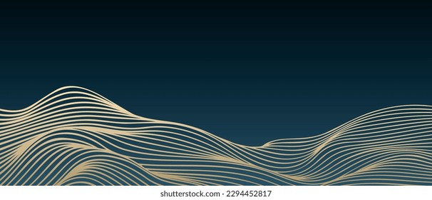 Vector abstract line art wavy smooth flowing dynamic gold gradient isolated dark teal blue teal background in concept luxury, wave, ocean, mountain landscape.