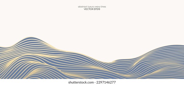 Vector abstract line art wavy smooth flowing dynamic gold gradient isolated pastel blue and beige background in concept luxury, wave, ocean, mountain landscape. svg