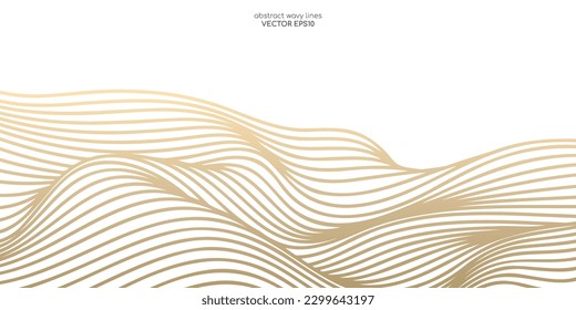 Vector abstract line art wavy smooth flowing dynamic gold gradient isolated white background in concept luxury, wave, ocean, mountain