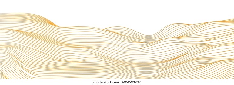 Vector abstract line art wavy flowing dynamic gold isolated on transparent background in concept luxury, wave, wind, ocean, landscape illustration.