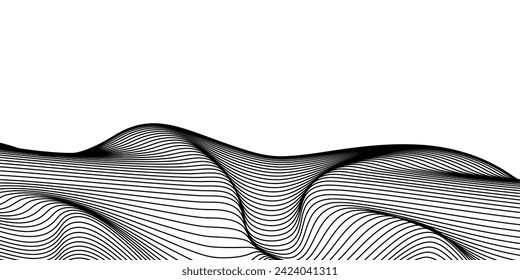 Vector abstract line art wavy flowing dynamic black isolated on transparent background in concept wave, wind, ocean