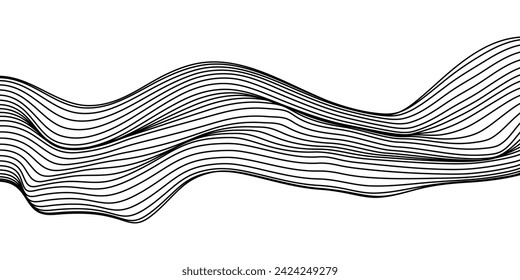  Vector abstract line art wavy flowing dynamic black isolated on transparent background in concept wave, wind, ocean