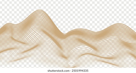 Vector abstract line art wavy flowing dynamic gold isolated on transparent background in concept luxury, wave, wind, ocean