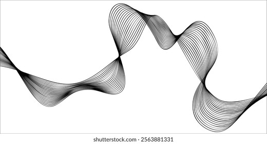 Vector abstract line art, wavy black smooth dynamic connections isolated white background in luxury, wave, ocean, mountains concept.	
