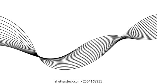 Vector abstract line art, wavy black smooth dynamic connections isolated white background in luxury, wave, ocean, mountains concept.