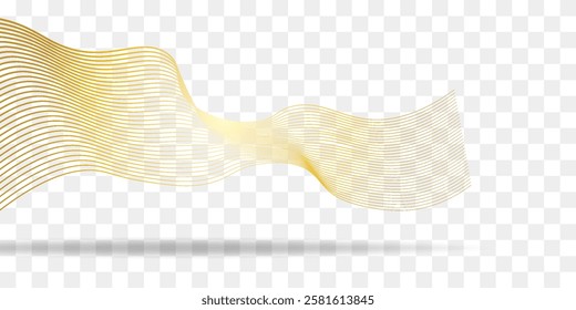 Vector abstract line art wavy flowing dynamic gold isolated on transparent background in concept luxury, wave, wind, ocean