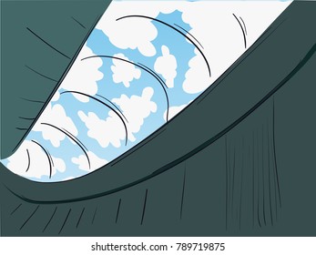 Vector abstract line background tunnel with an open top - sky and clouds