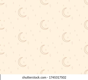 Vector Abstract Line Drawing Cosmic Seamless Pattern with Moon, Stars, Crescent, pastel earthy colors. Design Elements Illustration. Branding. Swatch