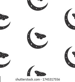 Vector Abstract Line Drawing Cosmic Seamless Pattern with Moon, Stars, Crescent, Butterfly Black Shapes. Design Elements Illustration. Branding. Swatch