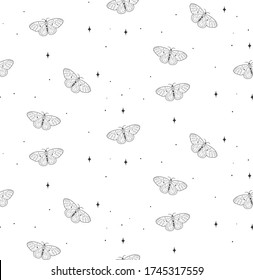 Vector Abstract Line Drawing Cosmic Seamless Pattern with Stars, Butterflies, Black. Design Elements Illustration. Branding. Swatch