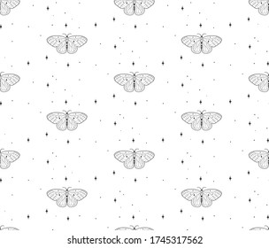 Vector Abstract Line Drawing Cosmic Seamless Pattern with Stars, Butterflies, Black. Design Elements Illustration. Branding. Swatch