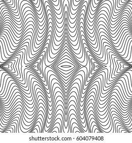 Vector abstract line pattern. Black lines on white background with distortion effect. Optical illusion. Seamless pattern