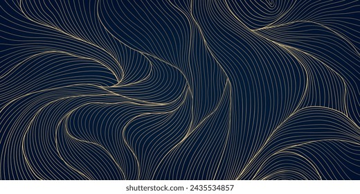 Vector abstract line pattern, wave gold on black luxury background. Modern geometric texture, organic shape, flow ornament. Hand drawn