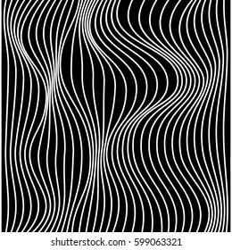 Vector abstract line pattern. White lines on black background with distortion effect. Optical illusion.