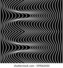 Vector abstract line pattern. White lines on black background with distortion effect. Optical illusion.