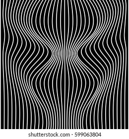 Vector abstract line pattern. White lines on black background with distortion effect. Optical illusion.