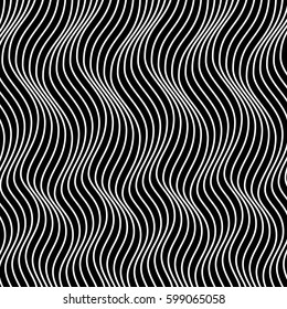 Vector abstract line pattern. White lines on black background with distortion effect. Optical illusion.