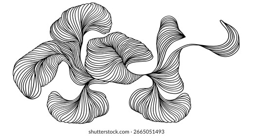 Vetor linha abstrata ondulada preto liso conexões dinâmicas isoladas no fundo branco no conceito de luxo, onda, oceano, montanha, flor.