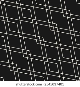 Vector abstract linear geometric seamless pattern. Black and white minimal outline background. Simple monochrome ornament with rhombuses, diamonds, thin lines, diagonal grid. Dark repeated geo design