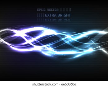 Vector abstract lines design on dark blue and violet background. Composition has very bright highlights.