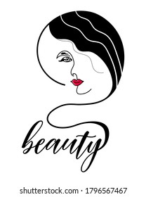 Abstraktes Vektorlogo für Schönheitssalon, Friseur, Kosmetik, Pflege. Icon Template Design der jungen schönen Frau mit langen gepflegten Haaren. Weibliche Schönheitszeichen in Pastellfarben. Vektorgrafik.