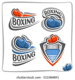 Vector abstract logo Boxing Gloves on blue ring arena with corner and rope, decoration sign fight club, simple line red glove punching in goal, isolated sports icon on white, flat design boxing blazon