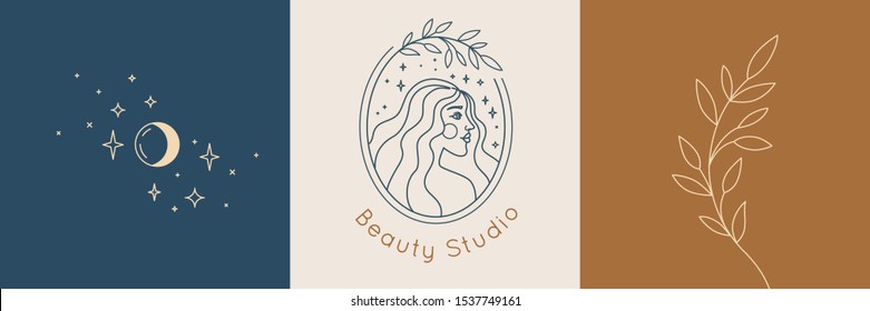 Vector abstract logo and branding design templates in trendy linear minimal style, emblem for beauty studio and cosmetics - female portrait, beautiful woman's face - badge for make up artist, fashion  - Shutterstock ID 1537749161