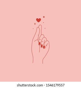 Vector abstract logo and branding design template in trendy linear minimal style - heart made with hands - self love concept - tattoo or sticker design template